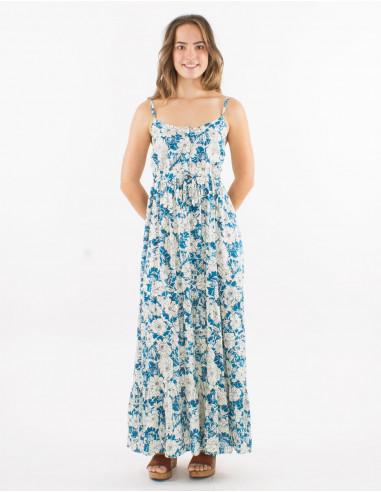 Long viscose dress with straps and "anemone" print