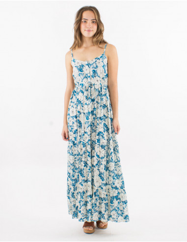 Robe longue viscose bretelles imprimé anémone