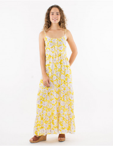 Long viscose dress with straps and "anemone" print