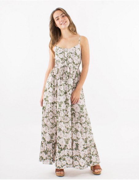 Robe longue viscose bretelles imprimé anémone