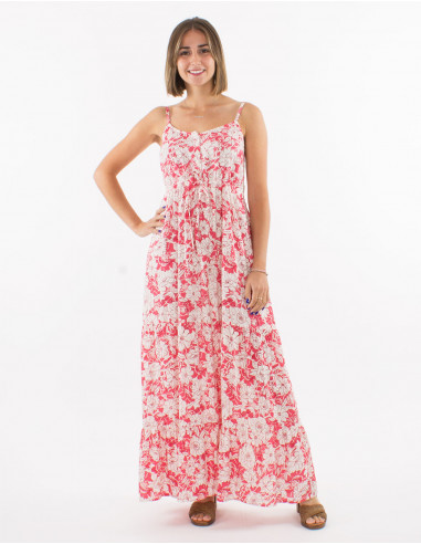 Long viscose dress with straps and "anemone" print