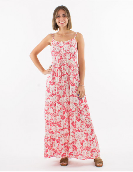 Long viscose dress with straps and "anemone" print