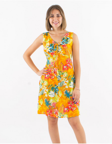 Viscose sleeveless dress with v-neck "jungle" print
