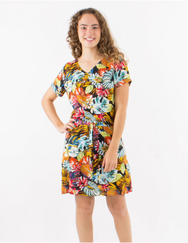 Viscose v-neck dress with short sleeves and "jungle" print