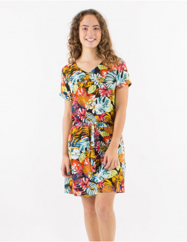 Robe viscose col V manches courtes imprimé Jungle