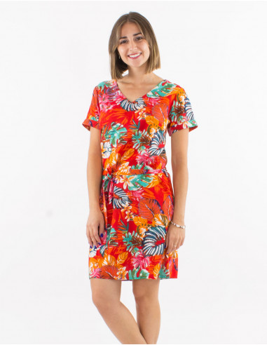 Viscose v-neck dress with short sleeves and "jungle" print