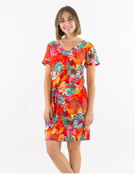 Robe viscose col V manches courtes imprimé Jungle