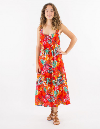 Viscose dress with large straps and "jungle" print