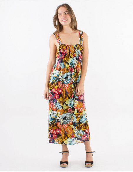 Viscose dress with large straps and "jungle" print