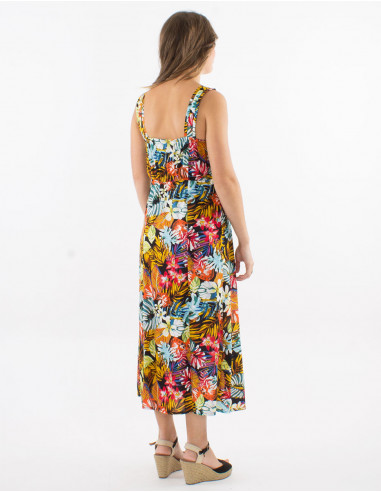 Viscose dress with large straps and "jungle" print