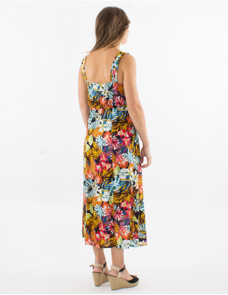 Viscose dress with large straps and "jungle" print