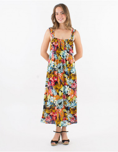 Viscose dress with large straps and "jungle" print