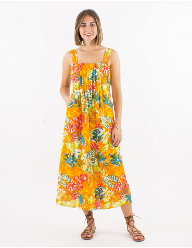 Viscose dress with large straps and "jungle" print