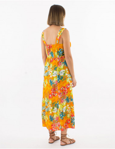 Viscose dress with large straps and "jungle" print