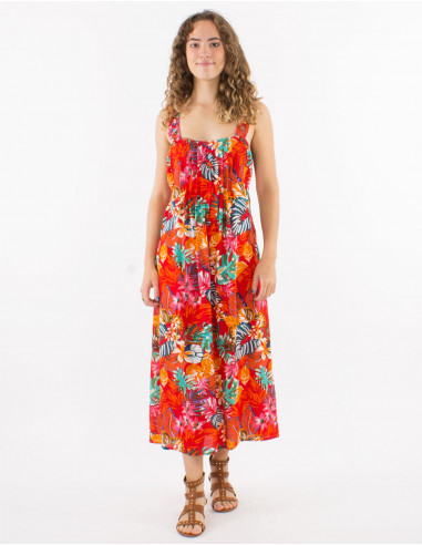 Viscose dress with large straps and "jungle" print