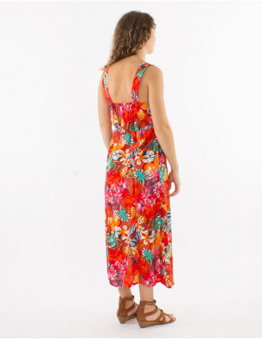 Viscose dress with large straps and "jungle" print
