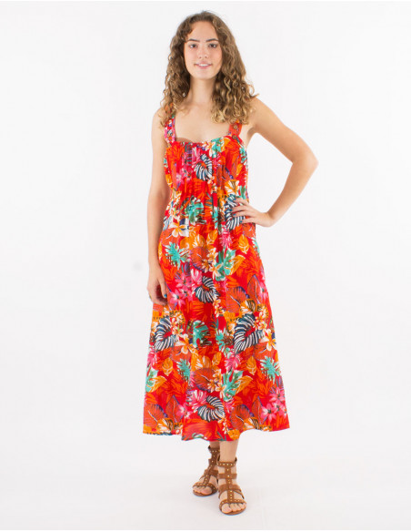 Viscose dress with large straps and "jungle" print