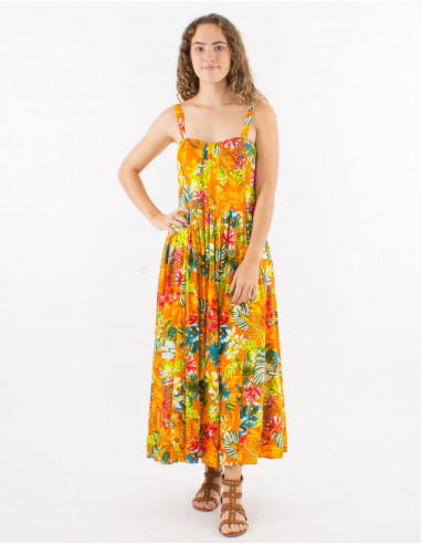 Long viscose back smocked dress with straps and "jungle" print