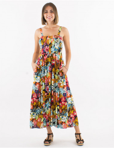 Long viscose back smocked dress with straps and "jungle" print