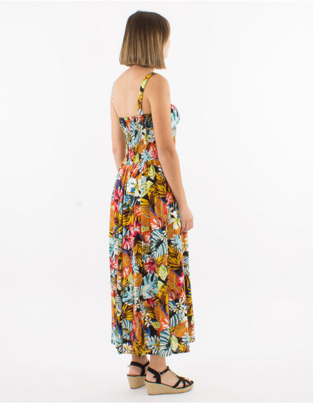 Long viscose back smocked dress with straps and "jungle" print