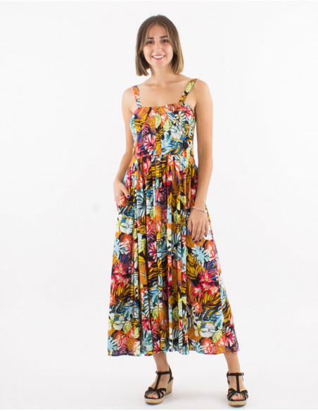 Long viscose back smocked dress with straps and "jungle" print