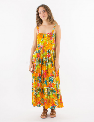 Long viscose back smocked dress with straps and "jungle" print