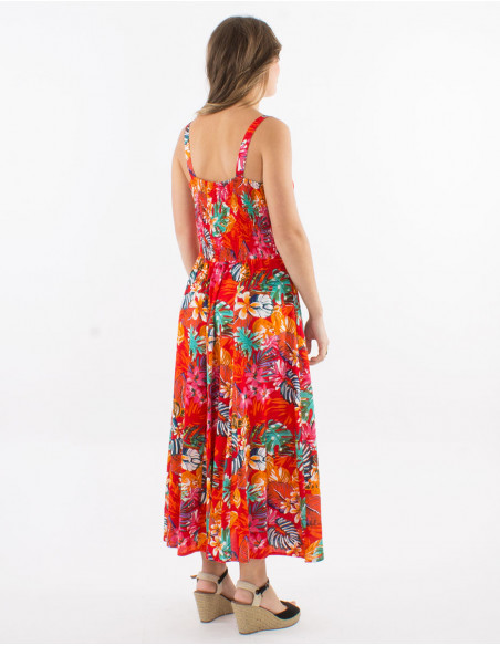 Long viscose back smocked dress with straps and "jungle" print