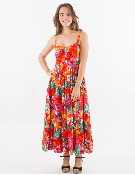 Long viscose back smocked dress with straps and "jungle" print