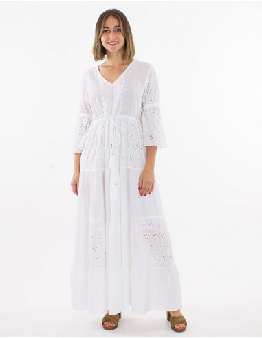 Long cotton embroidered dress with lining and tulip sleeves