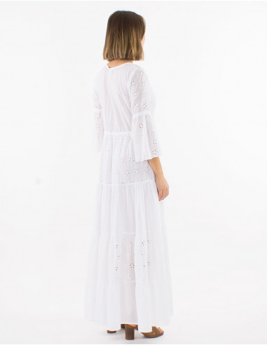 Long cotton embroidered dress with lining and tulip sleeves