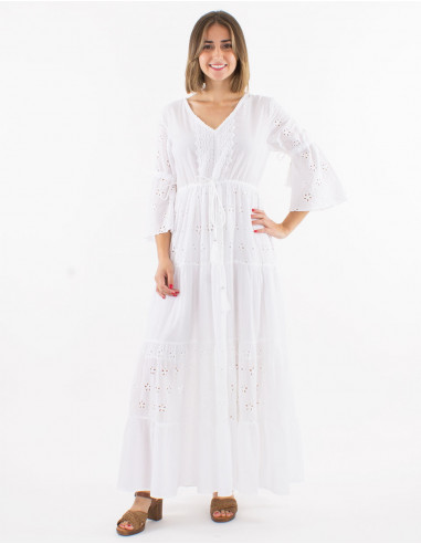 Long cotton embroidered dress with lining and tulip sleeves