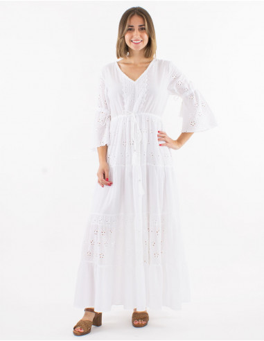 Robe longue coton brodée doublée à volants manches tulipes