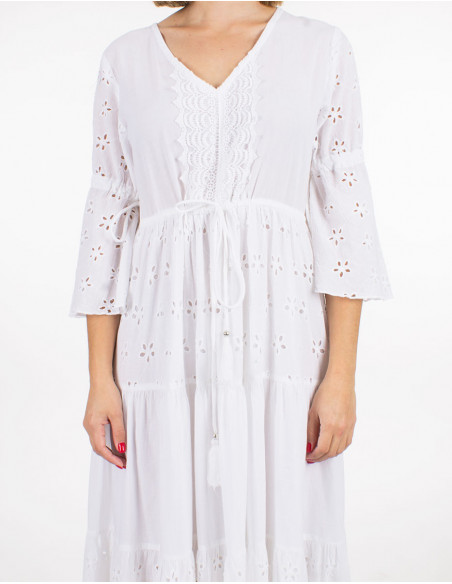 Long cotton embroidered dress with lining and tulip sleeves