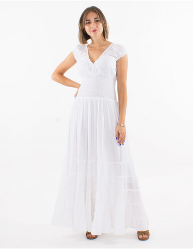 Long cotton embroidered dress with lining and elastic belt