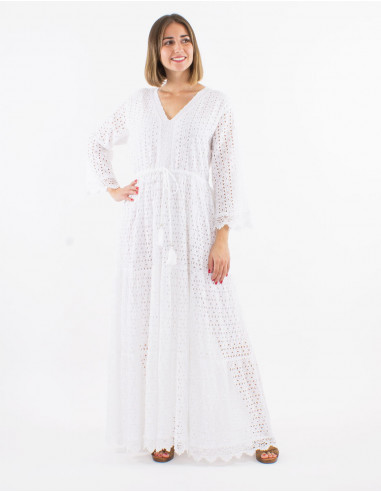 Robe longue coton brodée doublée manches 3/4