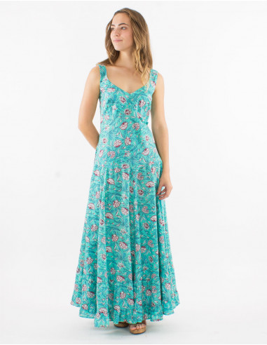 Long cotton dress with large straps and "udai" print