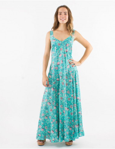 Long cotton dress with large straps and "udai" print