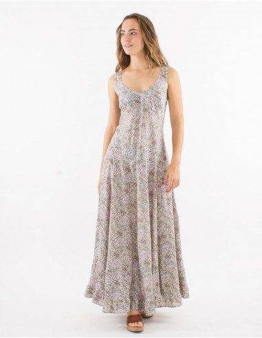 Long cotton dress with large straps and "agra" print