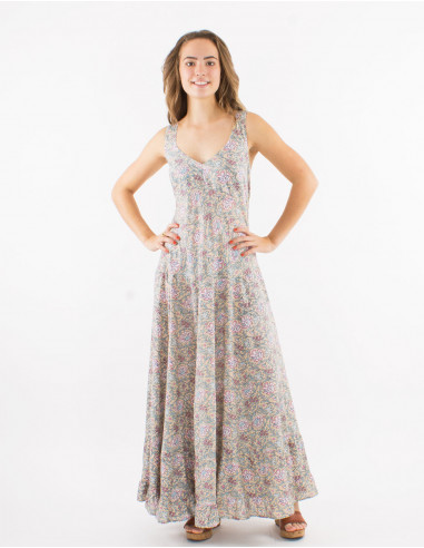 Long cotton dress with large straps and "agra" print