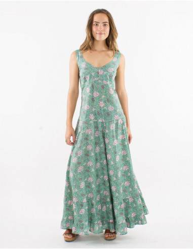 Long cotton dress with large straps and "agra" print