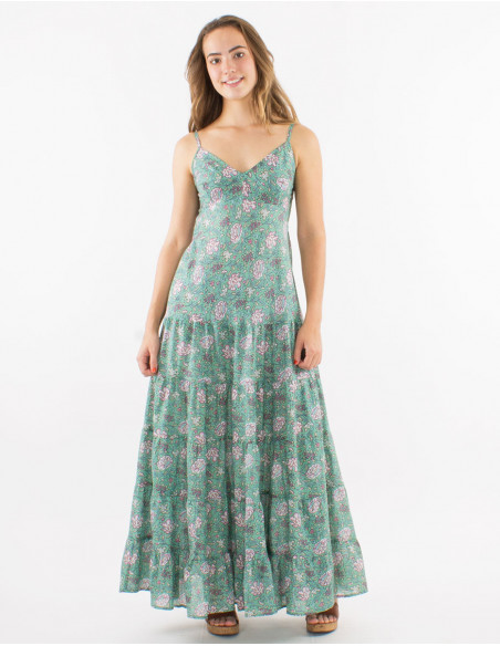 Long cotton strapped dress with lining and "agra" print