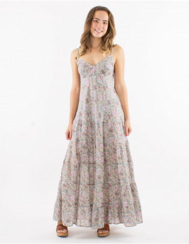 Long cotton strapped dress with lining and "agra" print
