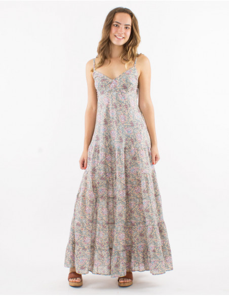 Long cotton strapped dress with lining and "agra" print