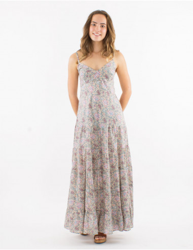 Long cotton strapped dress with lining and "agra" print