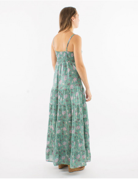 Long cotton strapped dress with lining and "agra" print