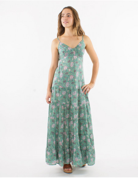 Long cotton strapped dress with lining and "agra" print