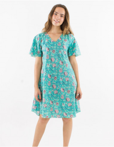 Cotton dress with short sleeves and "udai" print