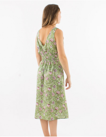 Cotton smocked belt and sleeveless dress with "udai" print