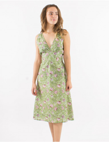 Cotton smocked belt and sleeveless dress with "udai" print