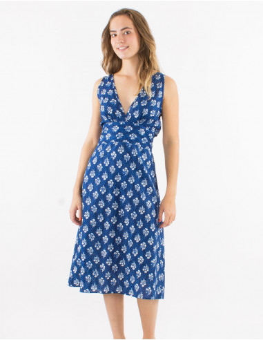 Cotton sleeveless dress with "indigo" print